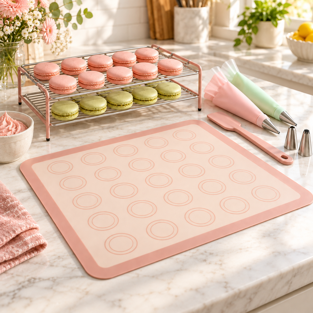 Macaron Baking Mat & Decorating Tool Set with Circle Guides – Elegant Pink Silicone-Style Baking Mat, Double-Tier Cooling Rack, Piping Bags & Pastry Accessories for French Macarons, Cookies & Homemade Desserts