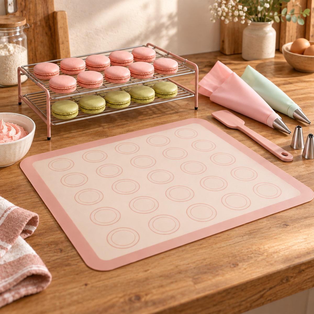 Macaron Baking Mat & Decorating Tool Set with Circle Guides – Elegant Pink Silicone-Style Baking Mat, Double-Tier Cooling Rack, Piping Bags & Pastry Accessories for French Macarons, Cookies & Homemade Desserts