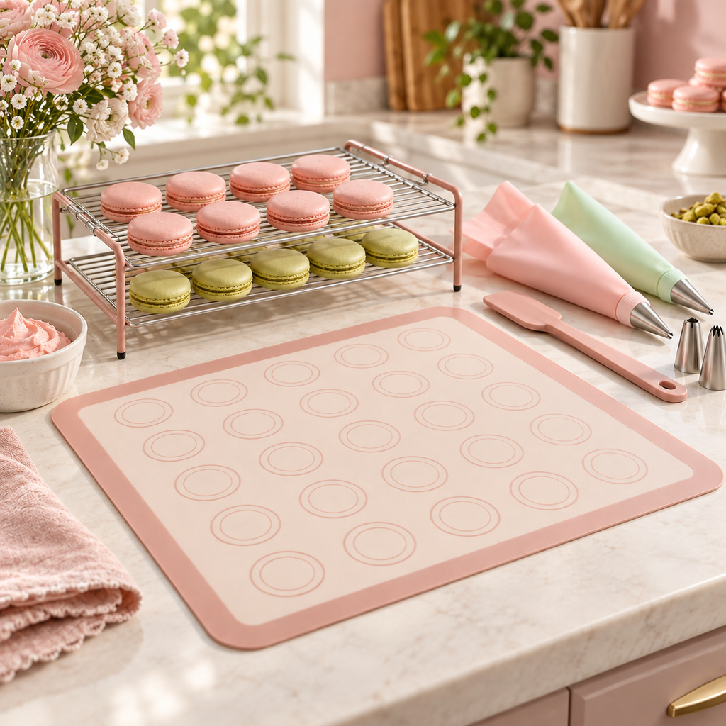 Macaron Baking Mat & Decorating Tool Set with Circle Guides – Elegant Pink Silicone-Style Baking Mat, Double-Tier Cooling Rack, Piping Bags & Pastry Accessories for French Macarons, Cookies & Homemade Desserts
