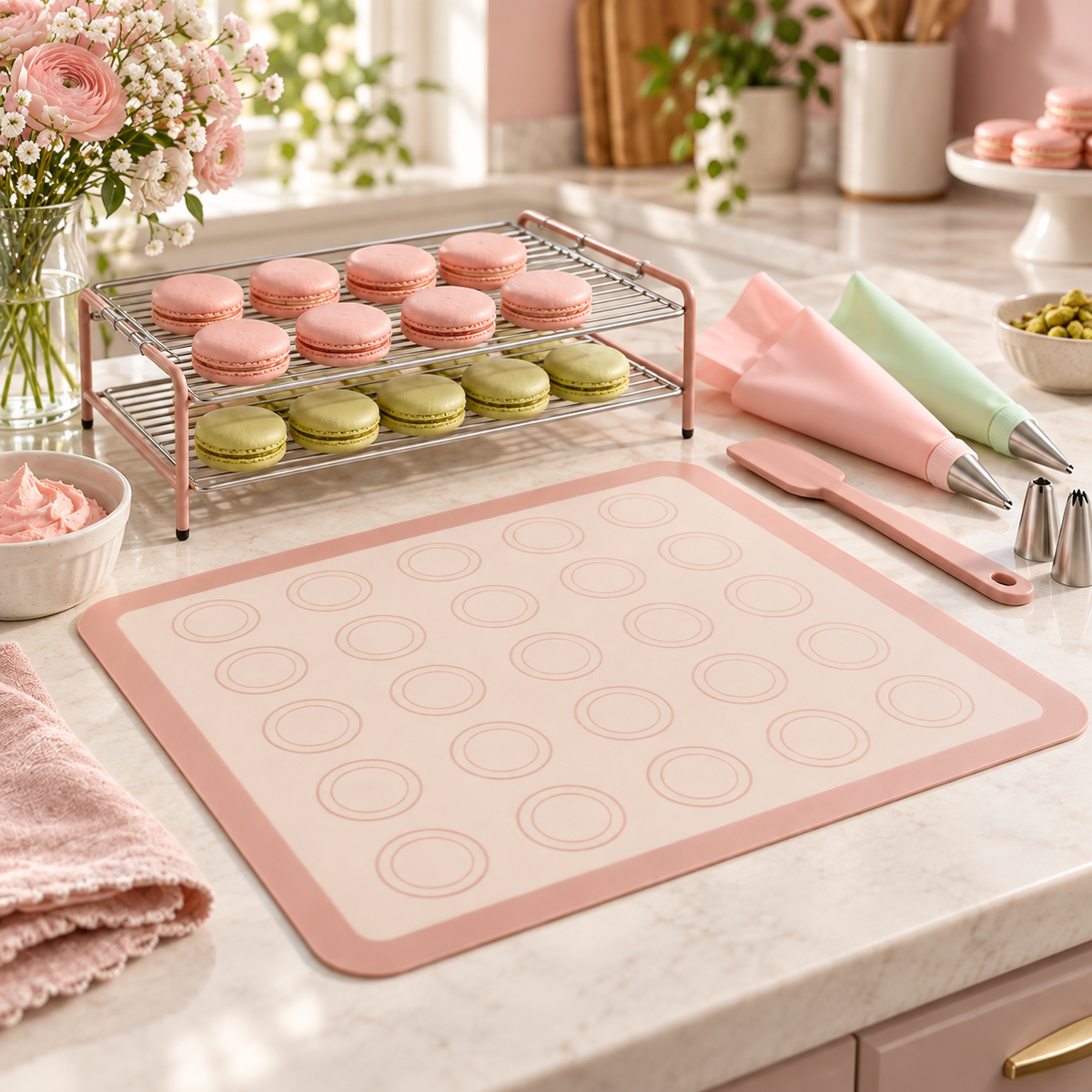 Macaron Baking Mat & Decorating Tool Set with Circle Guides – Elegant Pink Silicone-Style Baking Mat, Double-Tier Cooling Rack, Piping Bags & Pastry Accessories for French Macarons, Cookies & Homemade Desserts