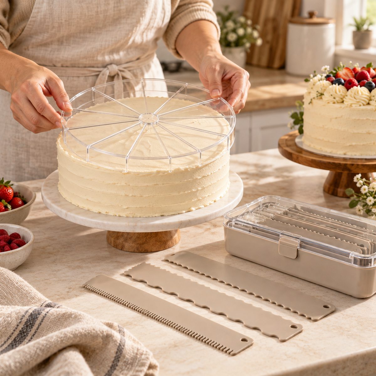 Cake Slicing Guide & Decorating Comb Set – Cake Divider, Frosting Scrapers & Storage Box