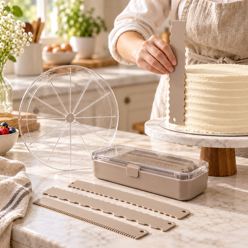 Cake Slicing Guide & Decorating Comb Set – Cake Divider, Frosting Scrapers & Storage Box