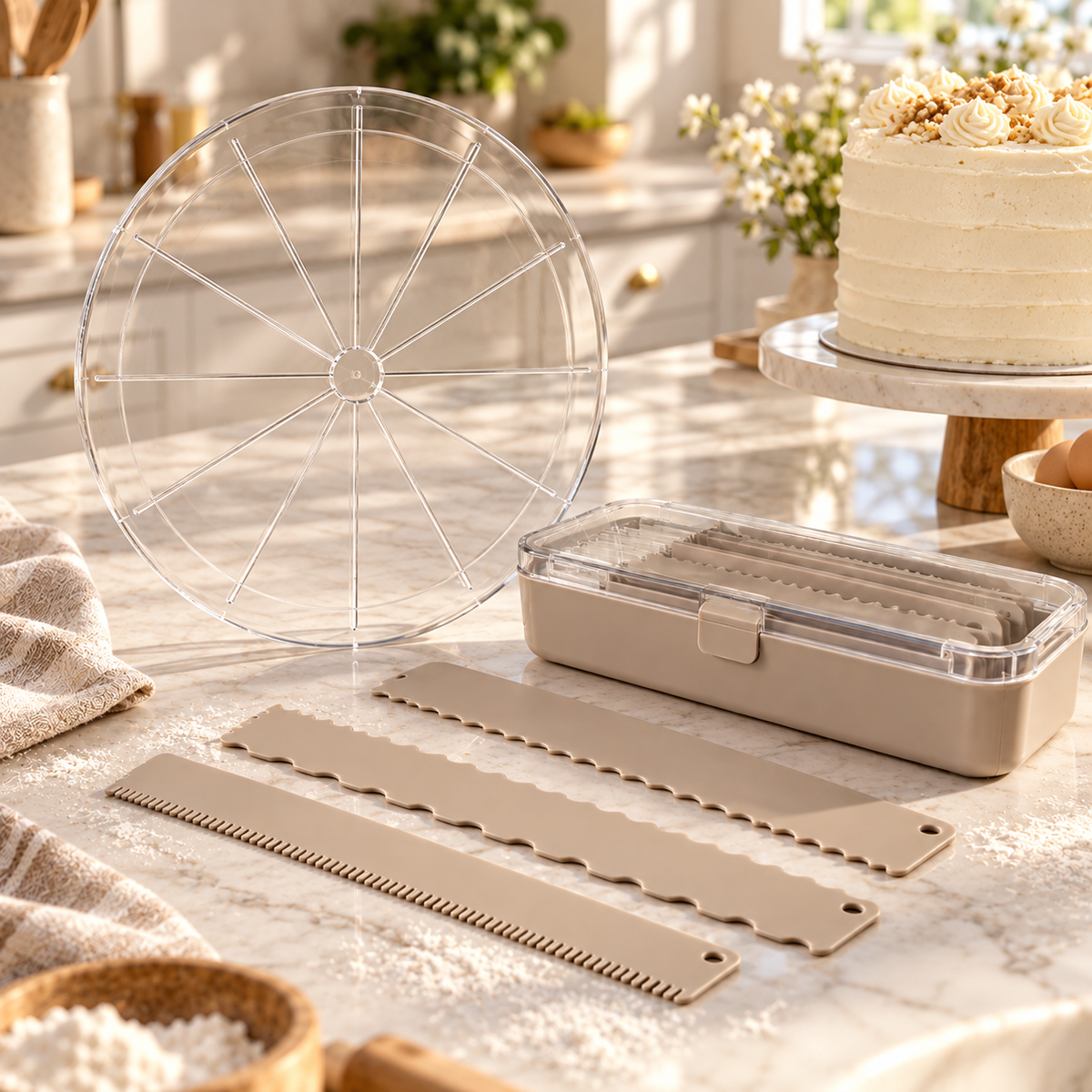 Cake Slicing Guide & Decorating Comb Set – Cake Divider, Frosting Scrapers & Storage Box