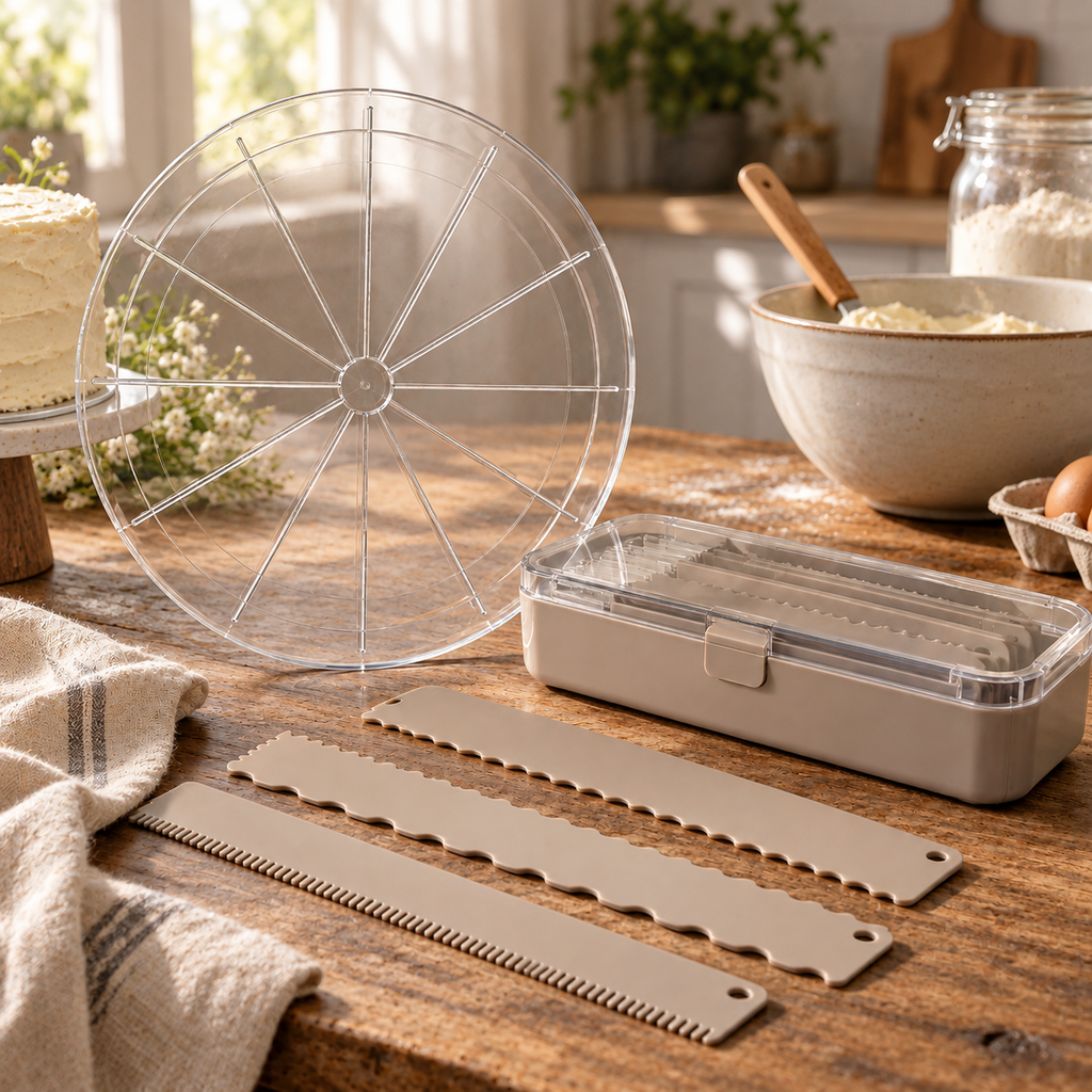 Cake Slicing Guide & Decorating Comb Set – Cake Divider, Frosting Scrapers & Storage Box