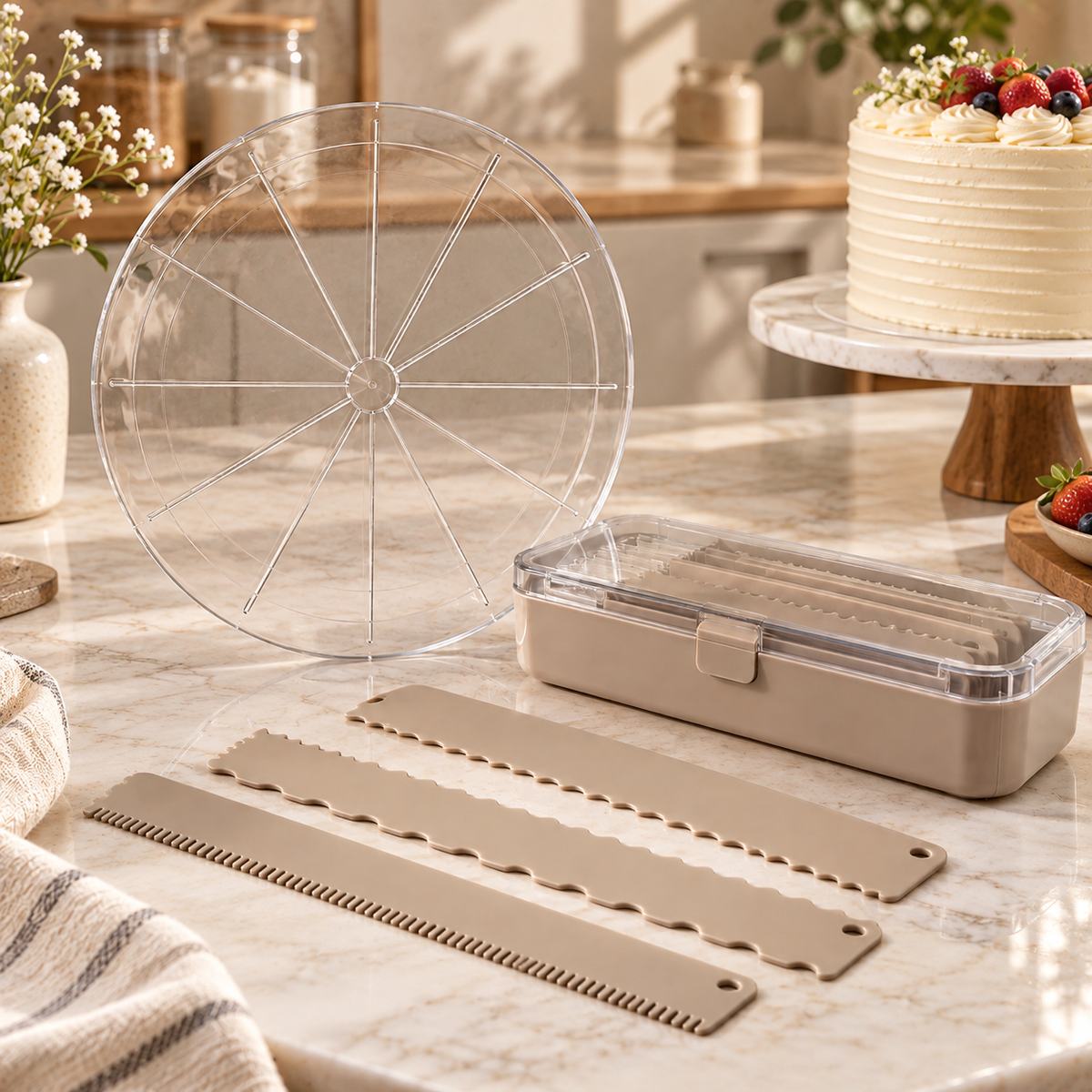 Cake Slicing Guide & Decorating Comb Set – Cake Divider, Frosting Scrapers & Storage Box