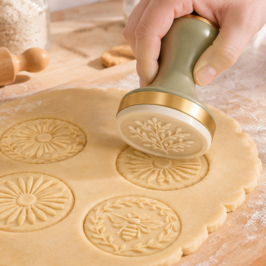 Vintage Floral Cookie Stamp Set with Interchangeable Embossing Discs – Elegant Sage Green & Gold Baking Cookie Press with Botanical, Daisy & Bee Patterns for Homemade Cookies, Biscuits, Pastries & Baking Gifts