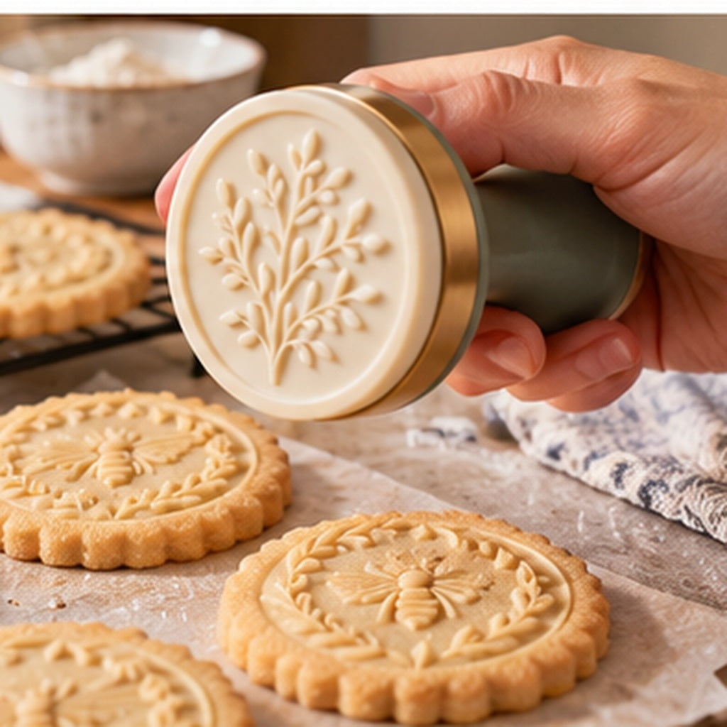Vintage Floral Cookie Stamp Set with Interchangeable Embossing Discs – Elegant Sage Green & Gold Baking Cookie Press with Botanical, Daisy & Bee Patterns for Homemade Cookies, Biscuits, Pastries & Baking Gifts