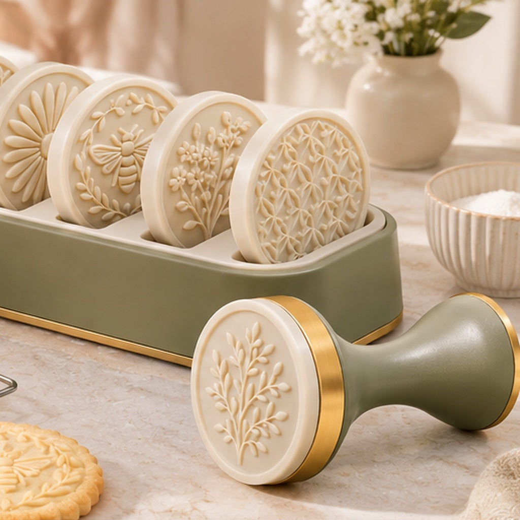 Vintage Floral Cookie Stamp Set with Interchangeable Embossing Discs – Elegant Sage Green & Gold Baking Cookie Press with Botanical, Daisy & Bee Patterns for Homemade Cookies, Biscuits, Pastries & Baking Gifts