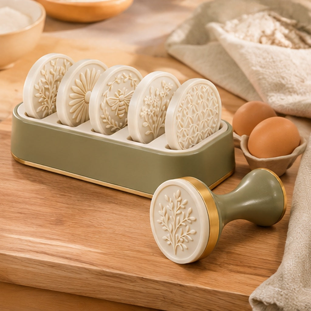 Vintage Floral Cookie Stamp Set with Interchangeable Embossing Discs – Elegant Sage Green & Gold Baking Cookie Press with Botanical, Daisy & Bee Patterns for Homemade Cookies, Biscuits, Pastries & Baking Gifts