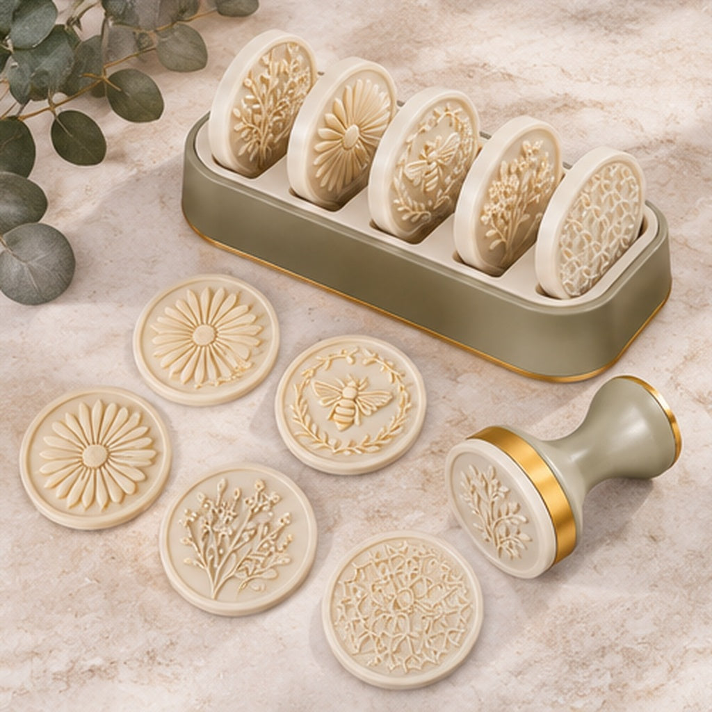 Vintage Floral Cookie Stamp Set with Interchangeable Embossing Discs – Elegant Sage Green & Gold Baking Cookie Press with Botanical, Daisy & Bee Patterns for Homemade Cookies, Biscuits, Pastries & Baking Gifts